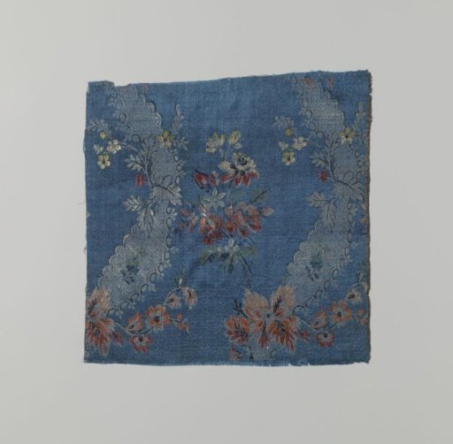 Fragment of multicolored silk weaving with a blue ground