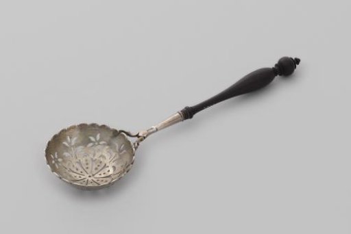 Sugar Spoon with Round, Lobed Bowl with Openwork Flowers and a Wooden Handle