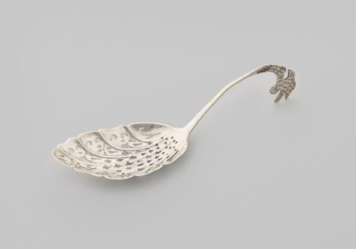 Sugar Spoon with Leaf-Shaped Bowl and Curved Handle Ending in a Bird