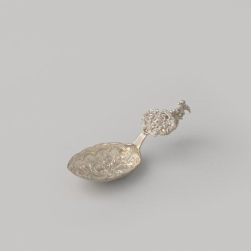Sugar spoon with a coat of arms on a plain field, crowned and held by two angels