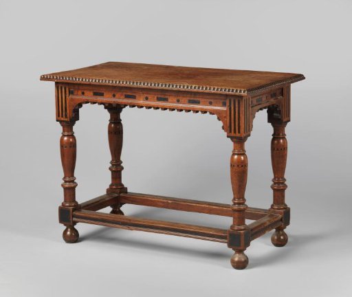 Table with vase-shaped legs connected by stretchers