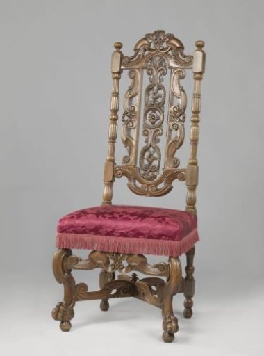 Chair with front legs set diagonally, X-shaped cross, upholstered in morocco leather with floral pattern