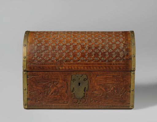 Chest decorated with pen and thick ink featuring mythological figures, zodiac signs, and seated female figures. Dome-shaped lid.