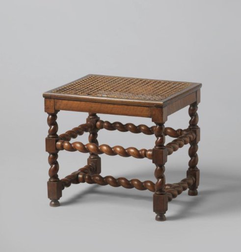 Stool with rush seat on turned legs with H-shaped crossbar