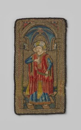 Fragment of an aurifrieze, with embroidery of silk and gold thread