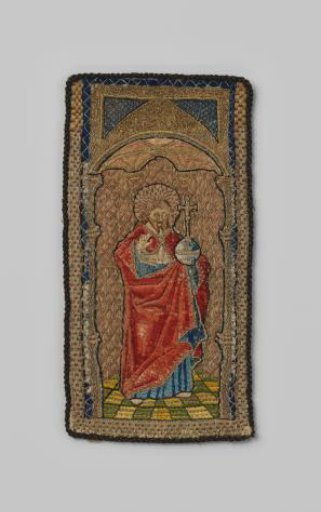 Fragment of an aurifrieze, with embroidery of silk and gold thread