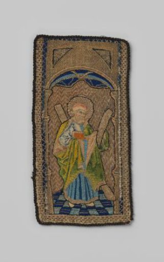Fragment of an aurifrieze, with embroidery of silk and gold thread