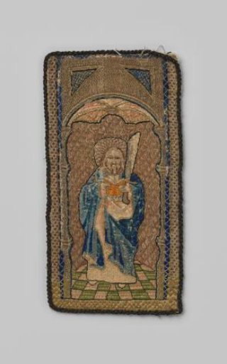 Fragment of an aurifrieze, with embroidery of silk and gold thread