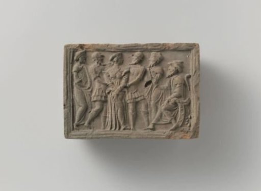 Fireplace tile depicting Susanna being led before the judges by the two elders