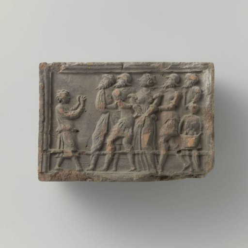 Fireplace tile depicting Susanna being brought before the judges by the two elders