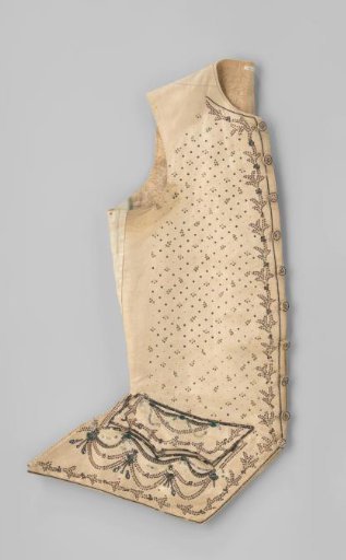 Waistcoat of cream taffeta silk, multicoloured embroidered with pips, flowers, leaf vines and lambrequins with sequins, coloured stones and braids of metal thread; back white linen.
