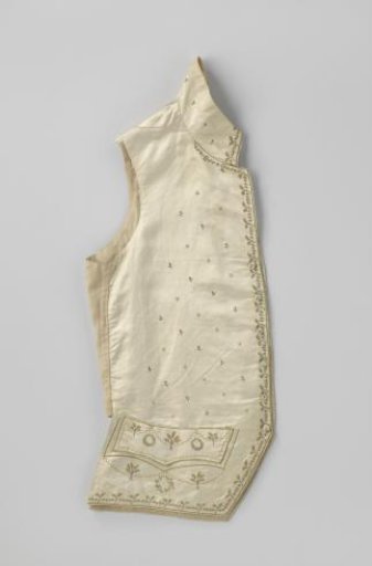 Waistcoat of white satin with narrow silk embroidered border, small flowers, in tambour work