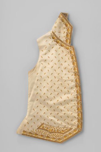 Waistcoat with very high collar and embroidered mock pockets of cream satin, embroidered in yellow and brown shades with a scattered and border motif of leaves and leaf vines.
