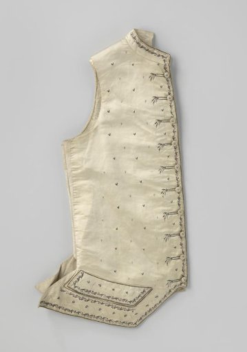 Waistcoat of cream satin, in silk and metal thread embroidered with a V-shaped scattered motif and leaf and flower vines in grey shades and red sequins; narrow standing collar.