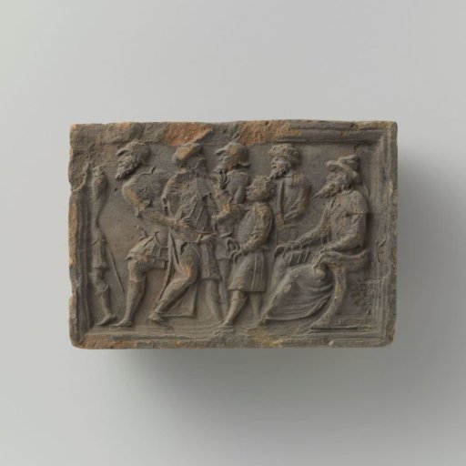 Fireplace tile depicting Daniel subjecting the two elders from the story of Susanna to separate interrogations