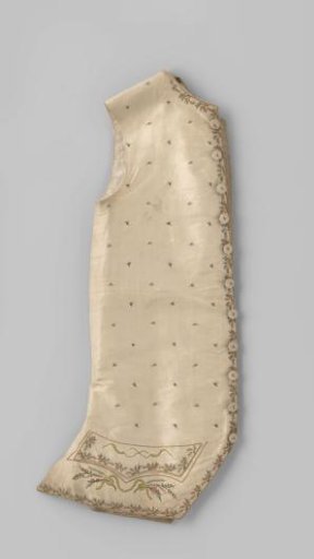 Long sleeveless waistcoat of cream taffeta silk, embroidered with a scattered pattern of coloured flowers and twigs and a narrow border motif of floral and leaf vines in pastel shades.