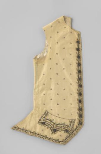 Long sleeveless waistcoat of lemon-yellow striped silk, with embroidered flowers of silver thread, blue and yellow silk and sequins; 12 buttons of metal thread and sequins.