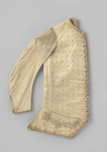 Waistcoat of cream satin, with embroidered floral scattered motif in brown, cream and green and fine flower and leaf vines in brown, pink, cream and green; sleeves and back of white flannel