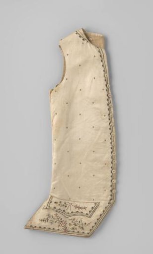 Long sleeveless waistcoat of cream satin, with sparing floral motif in green and orange and multicoloured floral border motifs with metal thread; back of linen and flannel.