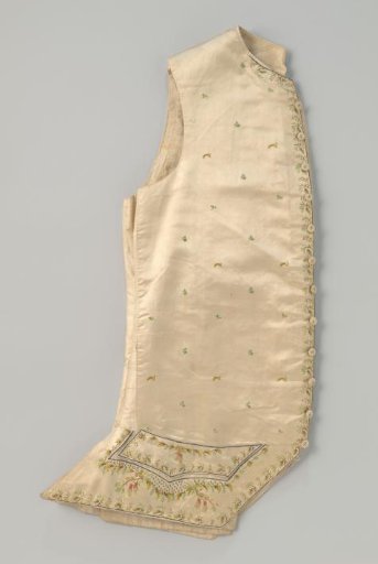 Waistcoat of cream embroidered satin, with a sparse floral straw motif, whole vine multicoloured flower and leaf motifs, however more heavily worked out on and under the pocket flaps.