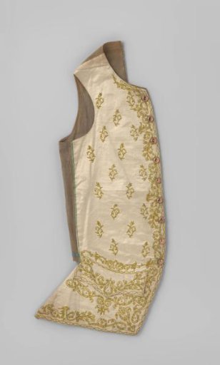 Long sleeveless waistcoat with 9 copper buttons with flower, of cream satin, in bright green and chenille embroidered with floral straw and border motif and quilting; linen lining and back.