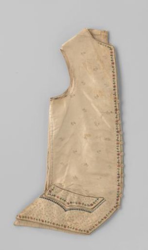 Long sleeveless waistcoat of cream taffeta silk, embroidered with cream twigs, multicoloured vine flower garlands and blue-black and cream-coloured leafy vines; lining and back of linen.