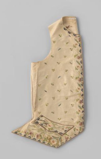 Waistcoat with a front of embroidered white silk with floral straw motif and border motif of multicoloured flowers and leaves, with spreading motifs in blue
