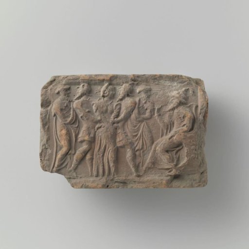 Fireplace tile depicting Susanna being brought before the judges by the two elders