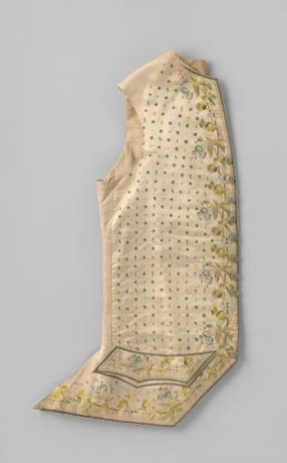 Waistcoat with a front of embroidered cream satin, with floral straw motif, a rich large-flowered multicoloured border motif and embroidered piping and knotted border