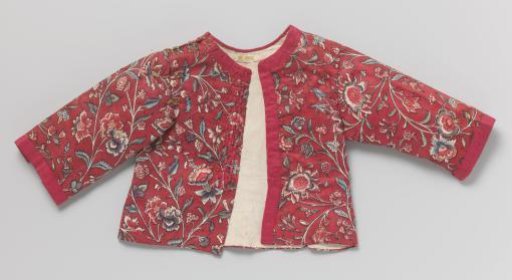 Baby's jacket of satin with a red ground, trimmed along the sleeves, neck and along one front panel with red linen