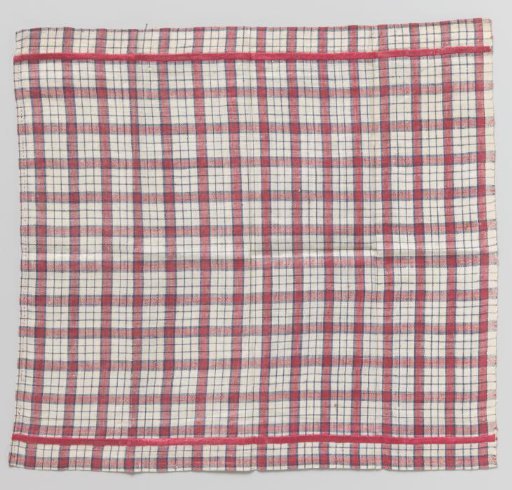 Cotton (?) handkerchief with burgundy/blue check pattern on a white ground; hemmed on two sides with a red silk ribbon