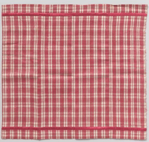 Cotton (?) handkerchief with red-white check pattern on a red ground; hemmed on two sides with a red silk ribbon