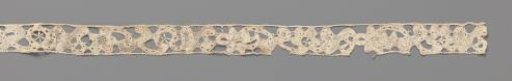 Strip of bobbin lace with strongly curling flower vines, each bearing one flower