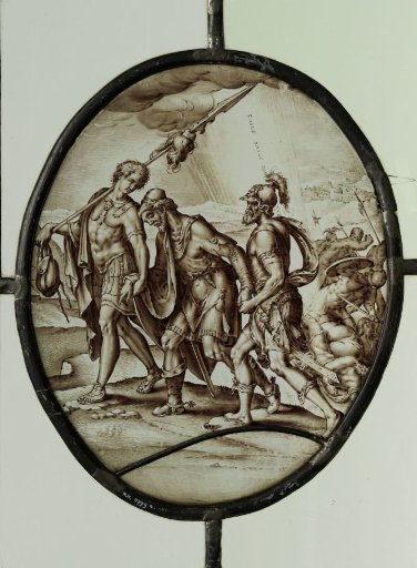 Panel with Saulus struck blind and led away by two soldiers