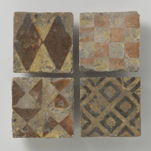 Four tiles decorated with various diamond patterns