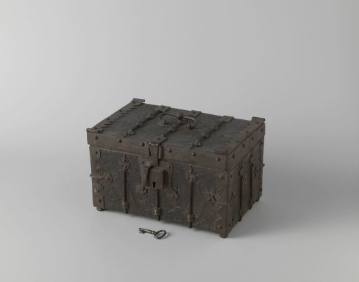 Wooden case with fine iron fittings, covered with carved leather