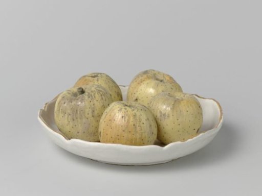 Plate with a scalloped rim and five applied apples
