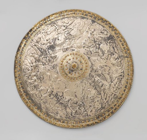 Galvanoplastic reproduction of a shield with a Roman battle scene and two monograms