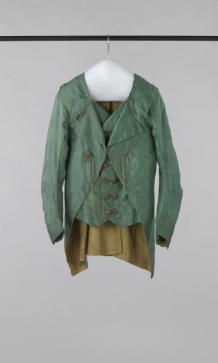 Boys' jacket with front fastening with 12 buttons of purple ribbed changeant silk and metal thread, two fake pockets and pointed collar of brown linen and green silk with gold thread