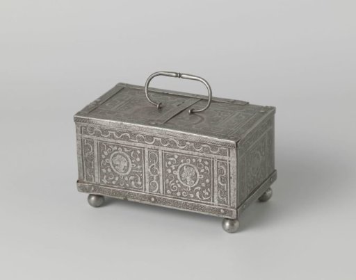 Iron jewel box, decorated with medallions and scrollwork