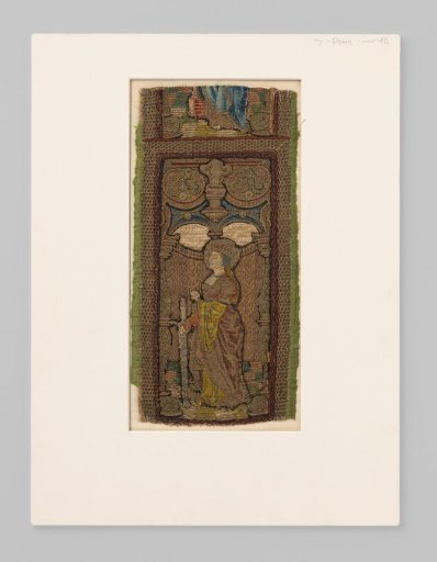 Fragment of an aurifrieze, with embroidery of silk and gold thread on linen