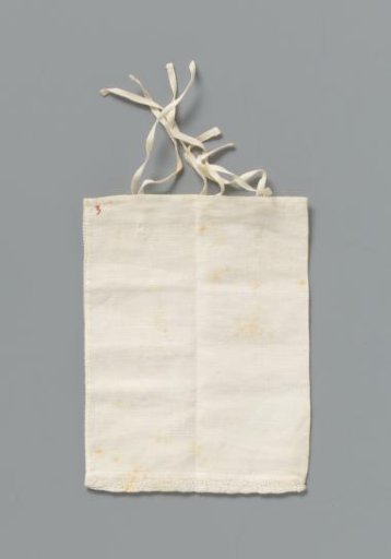 Linen cloth with bobbin lace insert on a narrow side. Fastening with ribbon ties