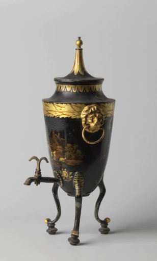 Spout jug of tin with painting of a peasant scene