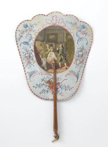 Hand screen of cardboard covered with paper, on the front an oval cut-out engraving with the scene where Dorval visits his beloved, Lucile (from the French comedy 'Lucile'), surrounded by a painted border, on a stick of lime wood; on the back the corresponding printed text