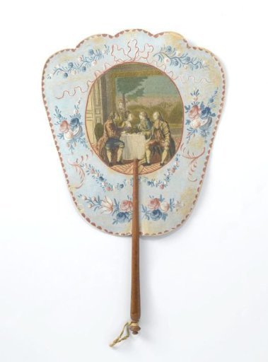 Hand screen of cardboard covered with paper, on the front an oval cut-out engraving with the scene where Lucile, her father Timantes, her beloved Dorval and his father are having lunch (from the French comedy 'Lucile'), surrounded by a painted border, on a stick of lime wood