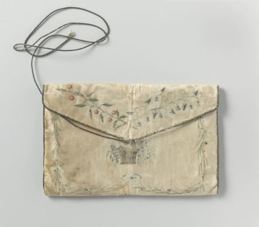 Portfolio in a flat, elongated model of white silk, painted with a floral border, within which a basket of flowers