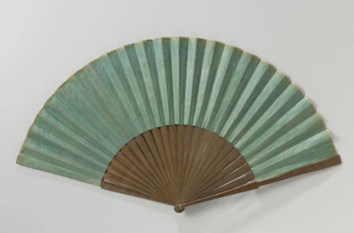 Folding fan with double leaf of green dyed paper on an unadorned wooden mount