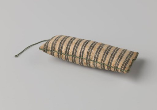 Pillow cushion, blue-and-white striped, edged with a green cord