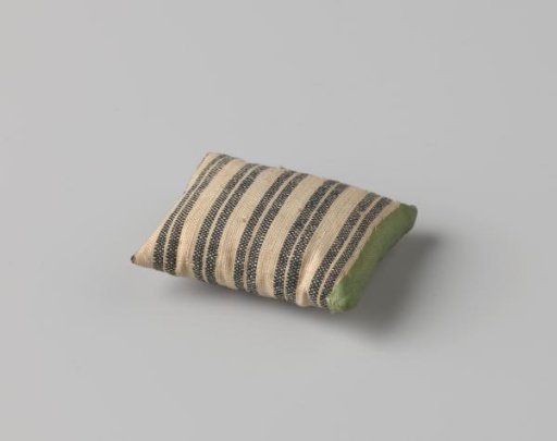 Cushion, blue-and-white striped, trimmed with green cord