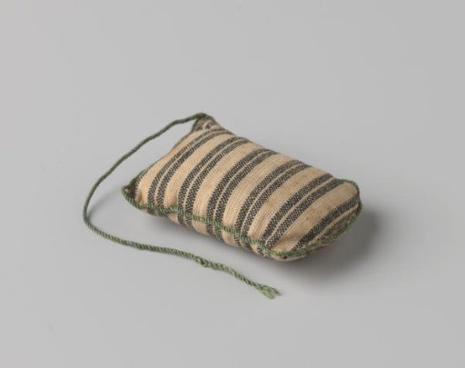 Cushion, blue-and-white striped, edged with a green cord